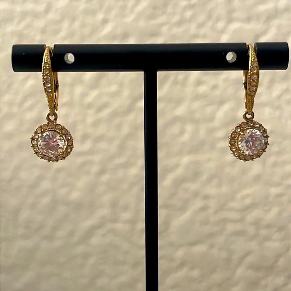 Nadri Framed Round CZ Halo Drop Earrings Gold Leverback